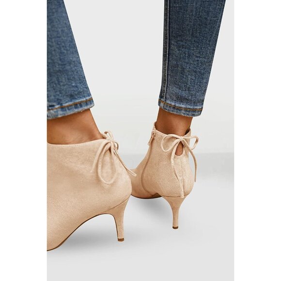 Women's Pointed Toe Heel Ankle Booties Kitten Stiletto Bowtie Strappy Boot Beige - Picture 3 of 6